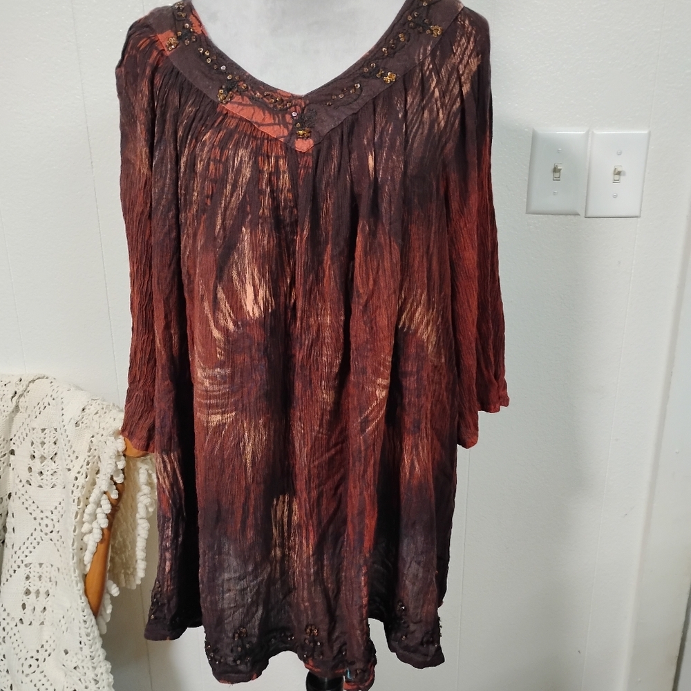 Shoreline Tunic Dress Swim Coverup 6x Red Brown Tie dye Embroidery Resort Wear